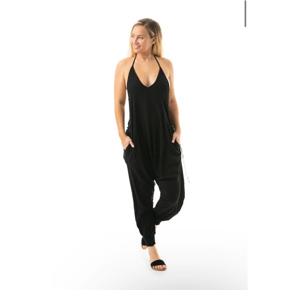 Black Sleeveless V-Neck Jumpsuit with Tapered Ankle - Picture 1 of 5
